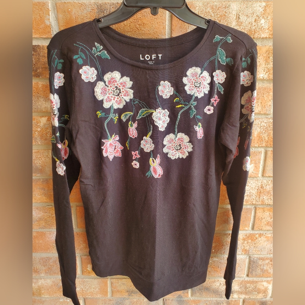 LOFT black flower embroidered sweater